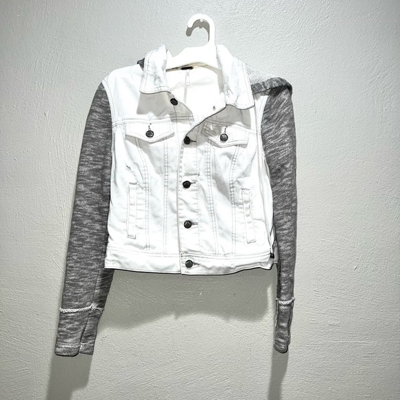 Free People White Gray Distressed Hooded Denim Knit Jacket - Picture 1 of 12